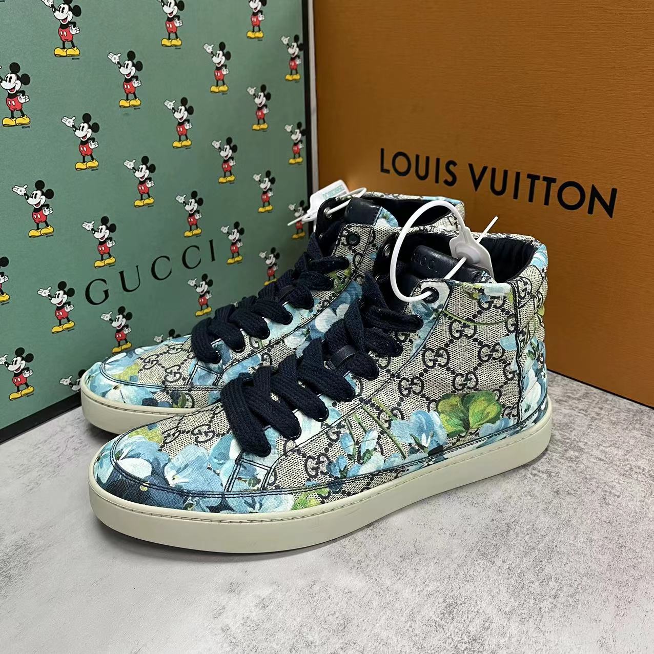 GUCCI/古驰高帮蓝色花卉老花双G休闲百搭时尚板鞋 95新/多尺码