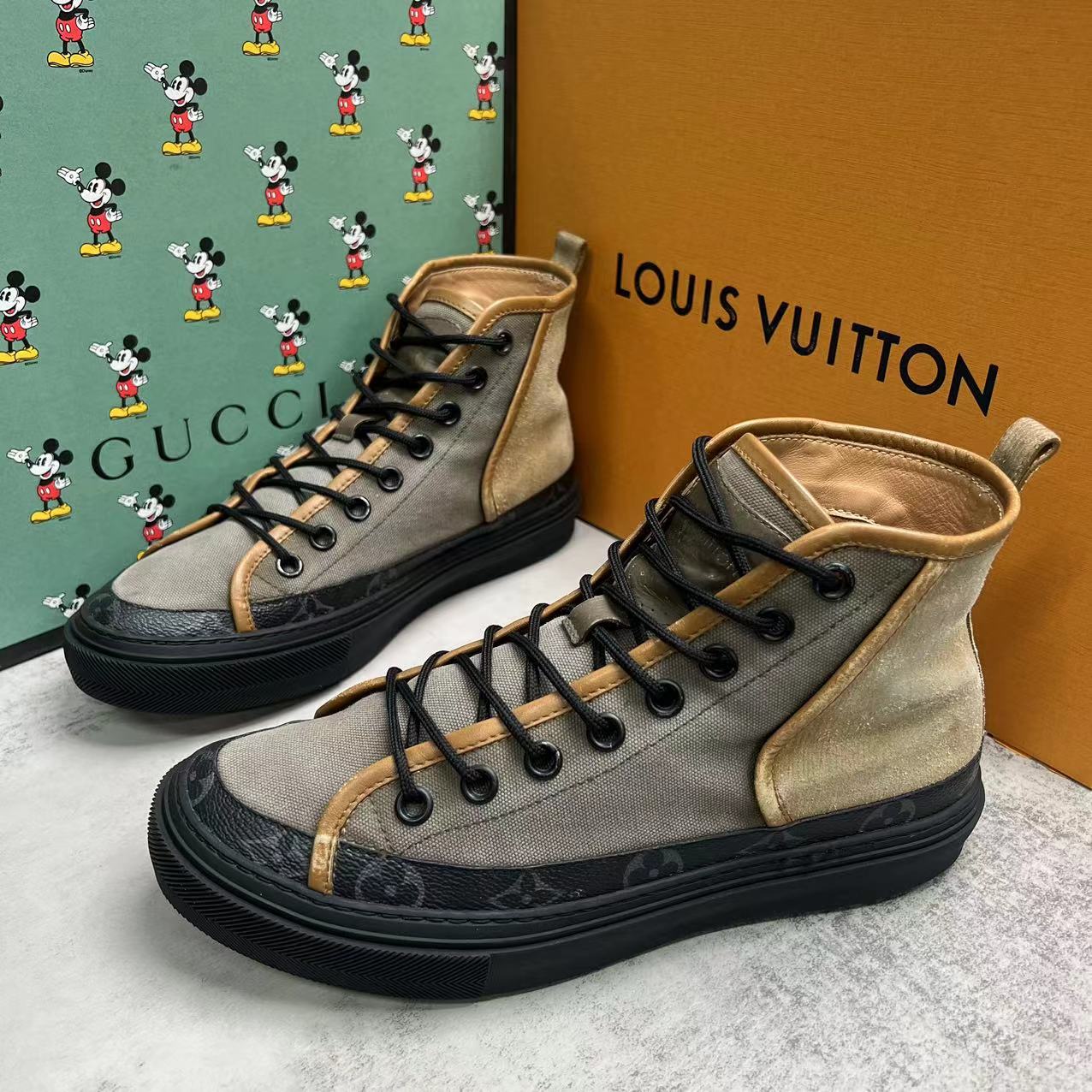 LouisVuitton/路易威登黑棕帆布老花拼接高帮板鞋 95新/40.5码
