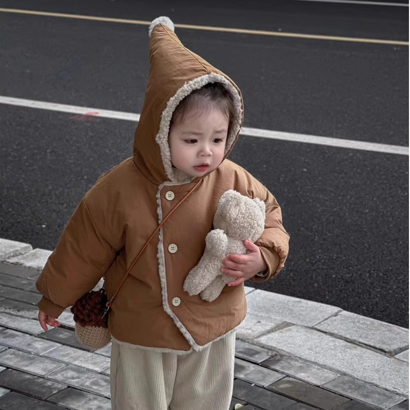 女童棉服2025冬季新款加绒加厚保暖外套上衣男宝可爱精灵帽设计感