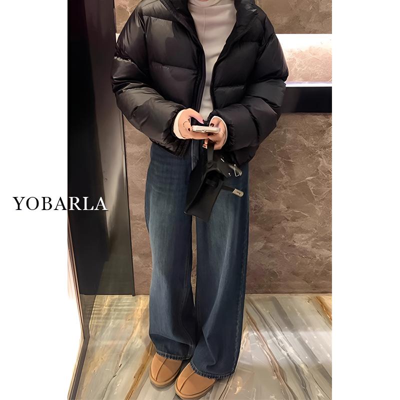 蓝灰色直筒牛仔裤女冬季加绒胖mm高腰单宽松梨形身材爆款阔腿裤子