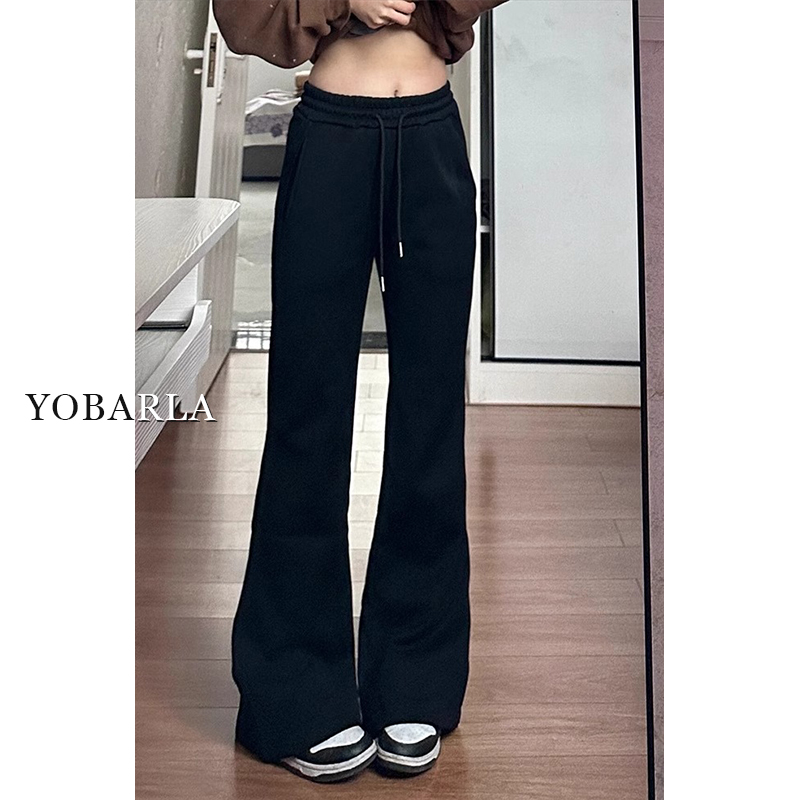黑色微喇休闲裤女秋季新款弹力大码胖mm梨形身材显瘦高腰运动卫裤