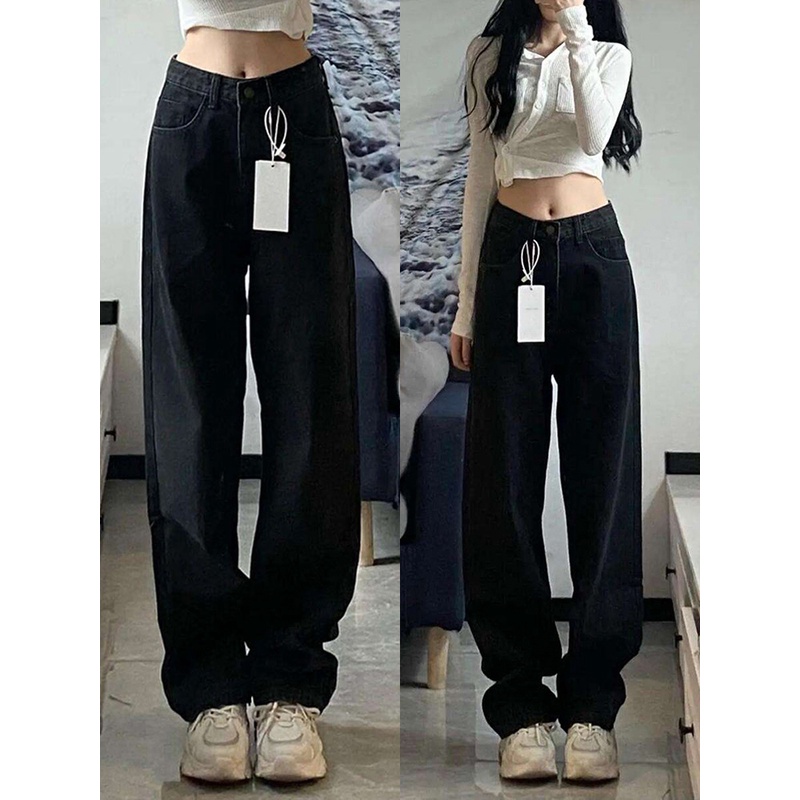 黑色阔腿牛仔裤女冬季加绒胖mm高腰设计大码宽松梨形身材直筒裤子