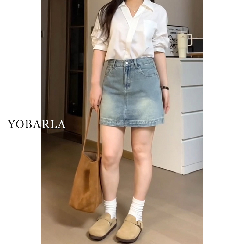 复古高腰牛仔短裙女夏季新款大码遮肚子显瘦梨形身材a字半身裙子