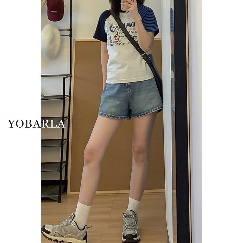 复古牛仔短裤女高腰夏季新款大码宽松显瘦梨形身材阔腿a字热裤子