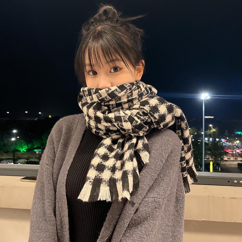 千鸟格子围巾女冬季2024新款韩版百搭高级感学生青年针织围脖