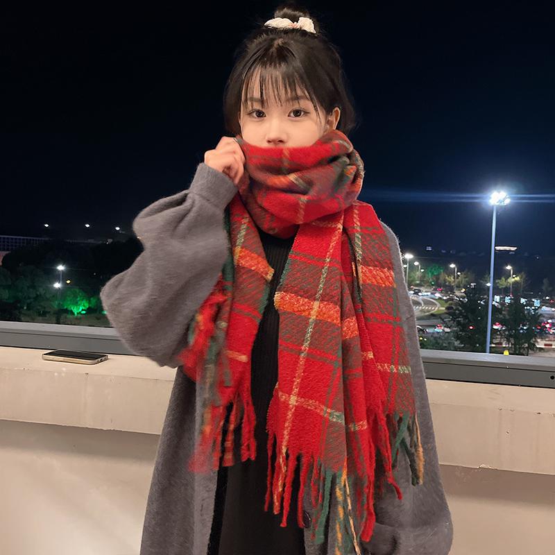红色围巾冬季女2024新款格子圣诞围脖网红潮披肩韩系氛围感保暖厚