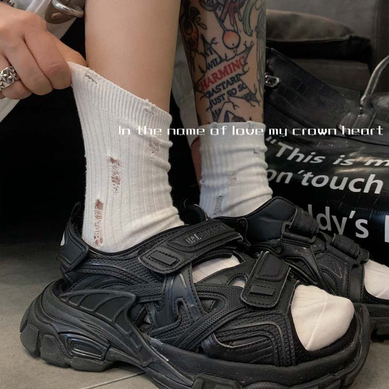 2024早春新款袜子女破洞乞丐袜纯色网红情侣袜子做旧复古堆堆袜