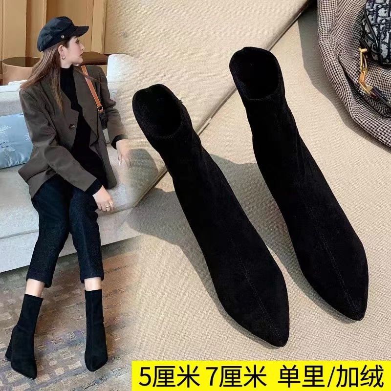达芙妮沿荐34-40/5厘米7厘米粗跟短靴女瘦瘦靴高跟鞋秋冬季绒面靴