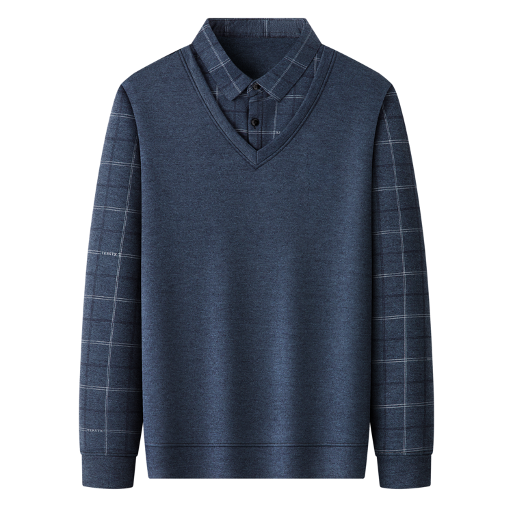 【高品质】男装假两件POLO衫针织中老年打底衬衫领男士长袖休闲宽松