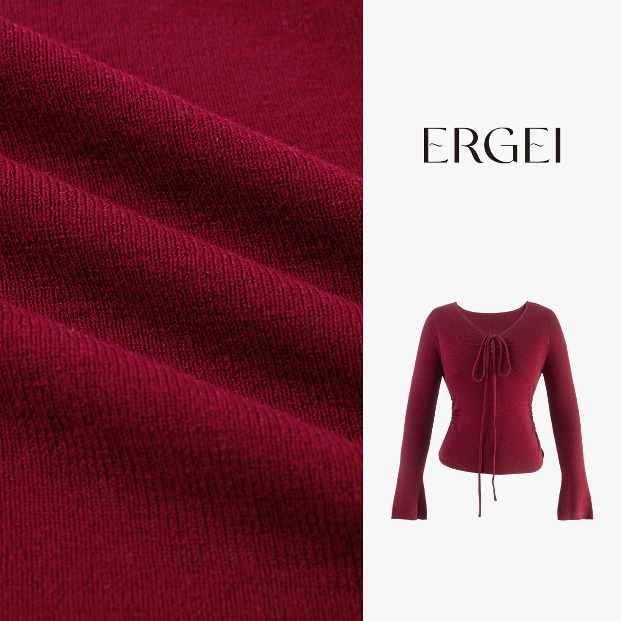 秋冬新品修身红色毛衣两穿可挂脖系带长袖喇叭袖显瘦圆领套头