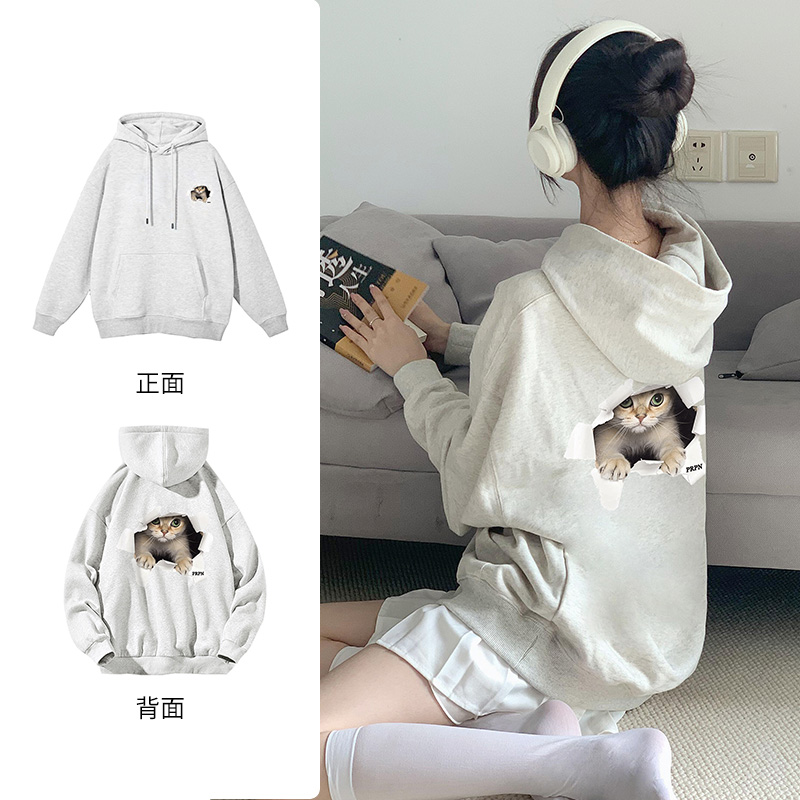 秋冬加绒加厚百搭连帽卫衣女ins街头设计感趣味小猫印花上衣#R342