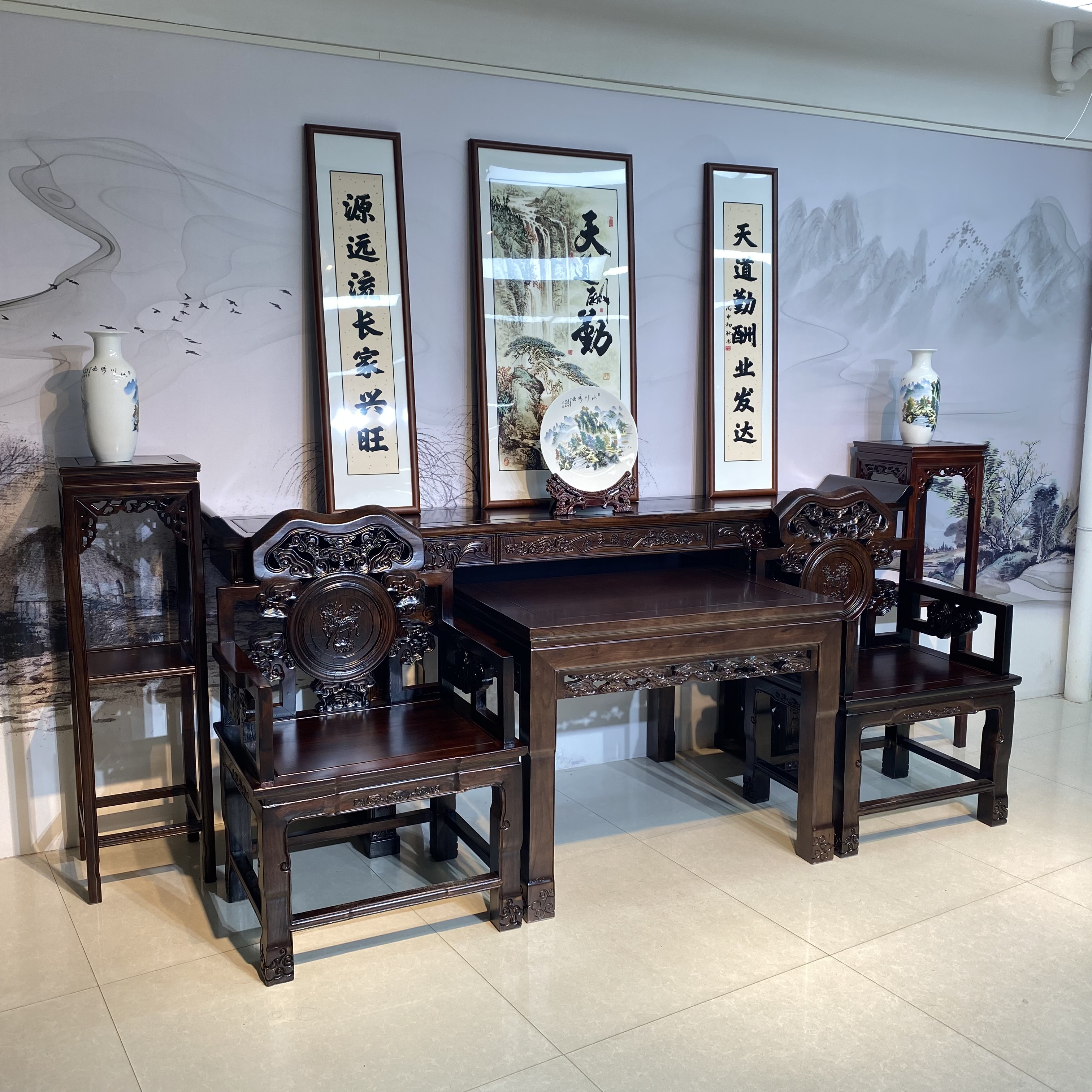 【年货节专属】新中式全实木麒麟中堂六件套别墅堂屋家具八仙桌条案