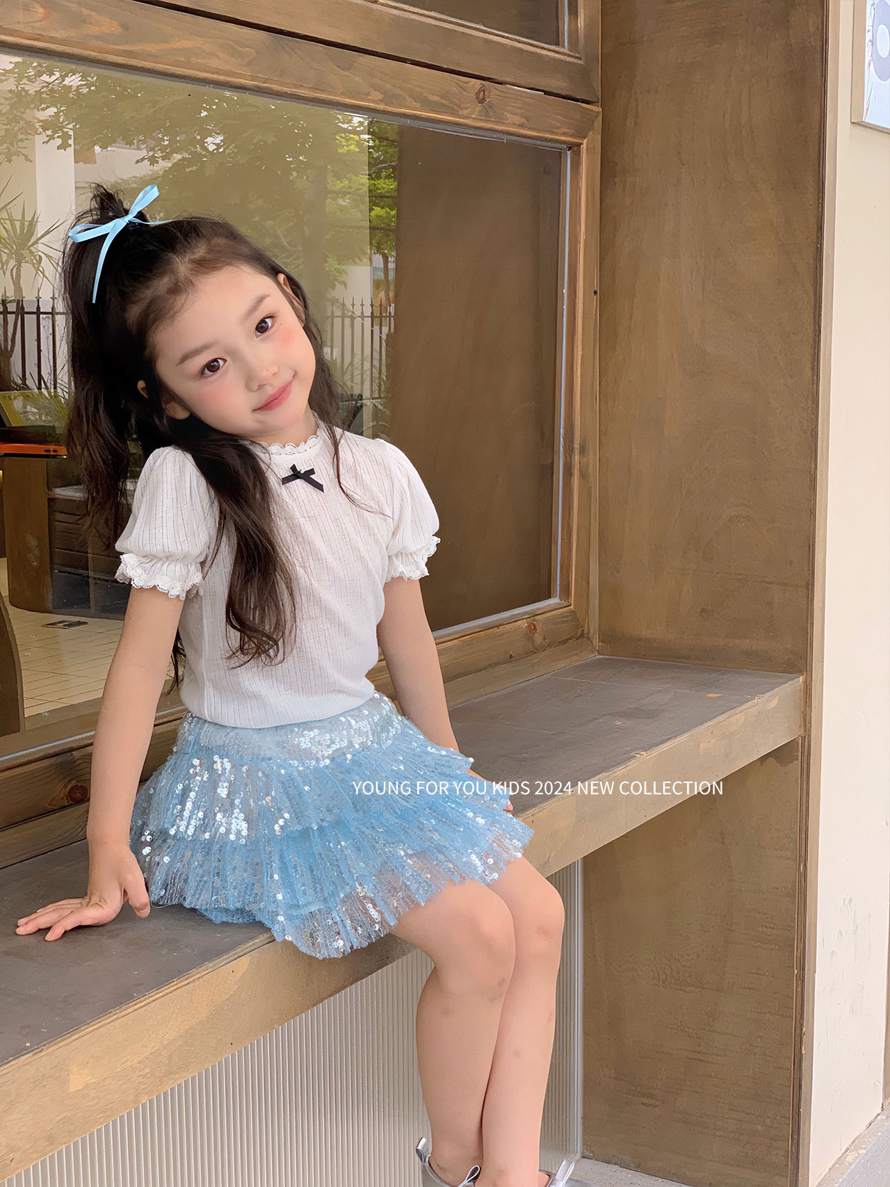 女童T恤半裙亮片套装法式小香风短袖美人鱼蓝色半身裙两件套