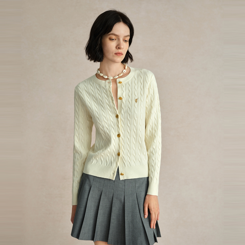 POLOWALK新款女式圆领长袖复古提花针织运动雅丹风开衫W4358047