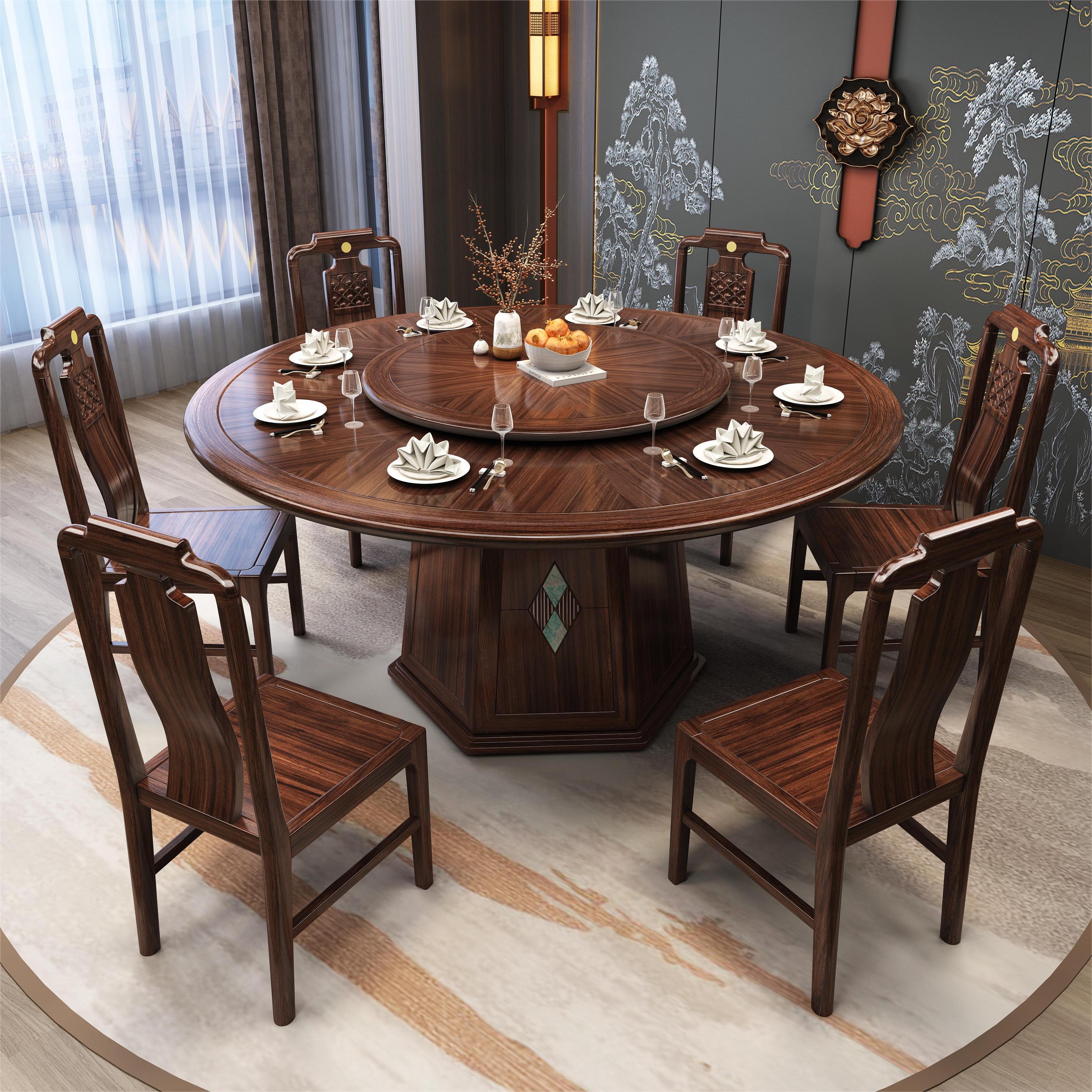 乌金木餐厅实木餐桌椅家用高档圆形吃饭桌子大气岩板饭桌带转盘