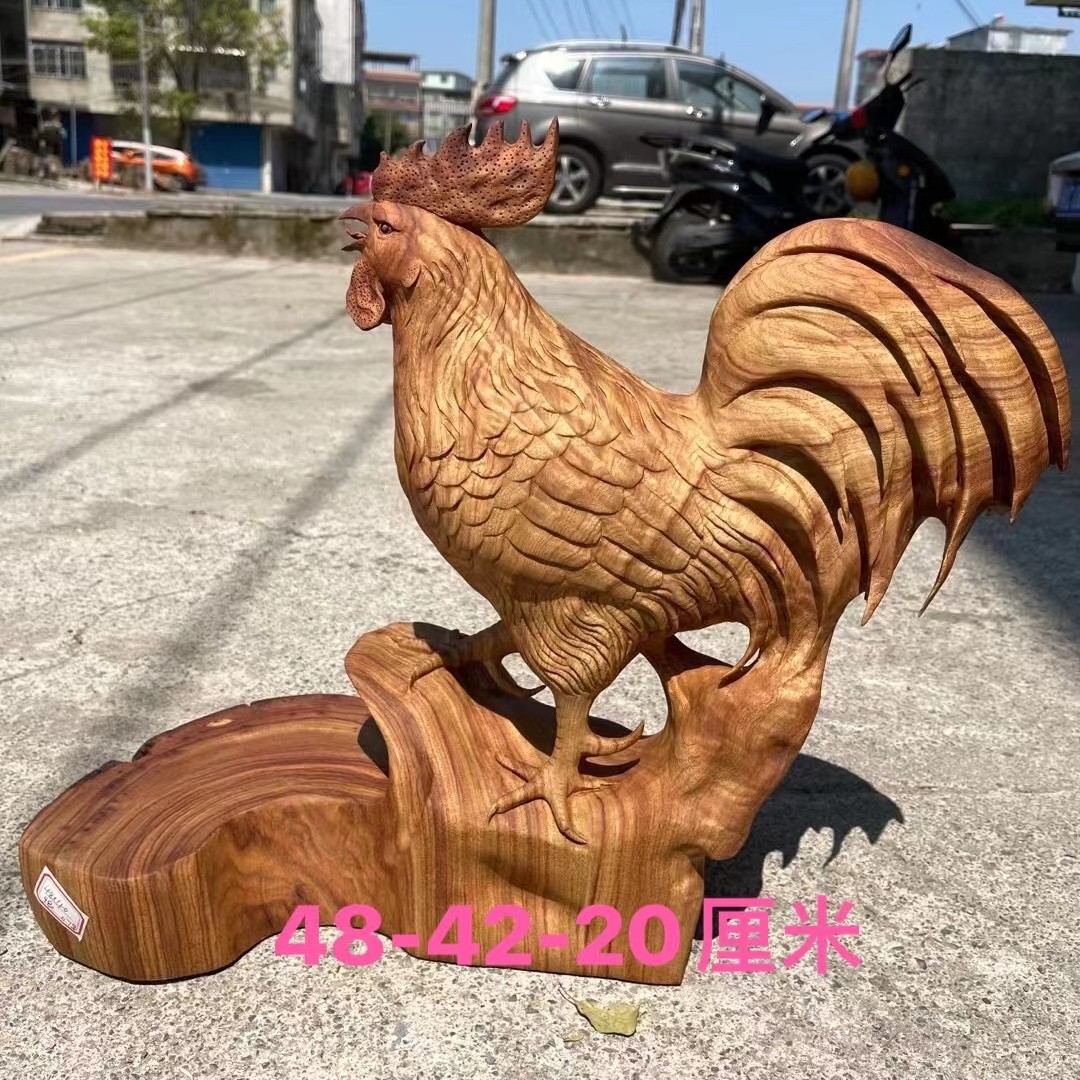 香樟木金鸡报晓摆件