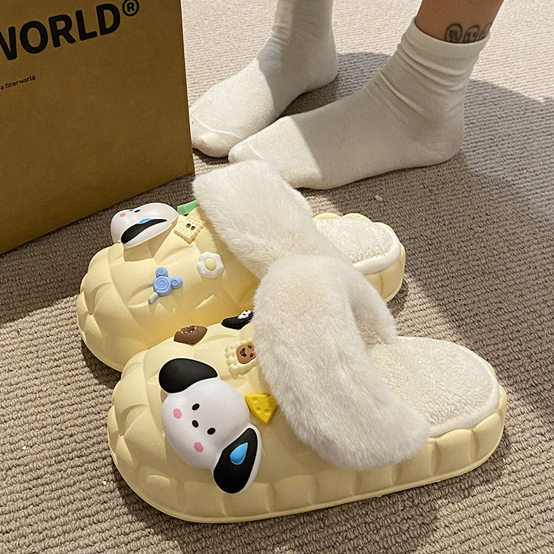网红毛绒宿舍居家厚底保暖室内卡通秋冬毛拖情侣棉拖鞋女包跟棉鞋