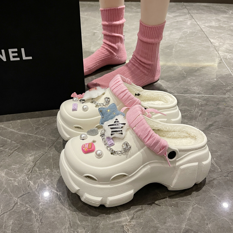 爆款两穿棉拖鞋女2023冬季厚底增高超暖防滑包头拖网红时尚洞洞鞋