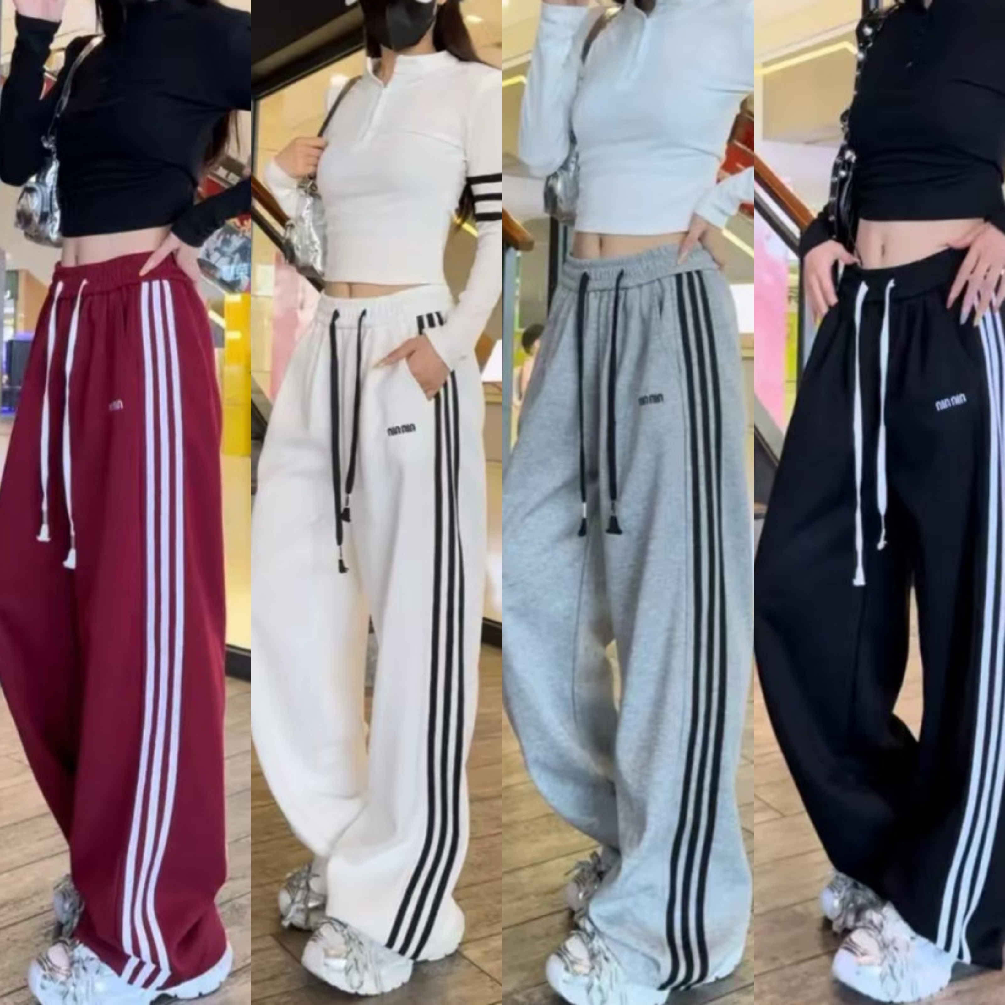 复古运动风宽松气质休闲裤2024秋季新款三条杠高腰直筒拖地长裤女