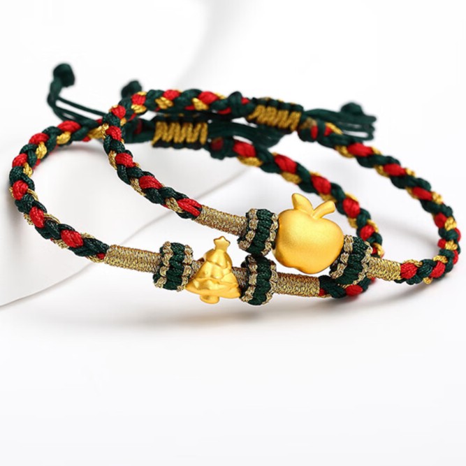 999足金圣诞礼物金平果黄金手链圣诞树转运珠编织手绳