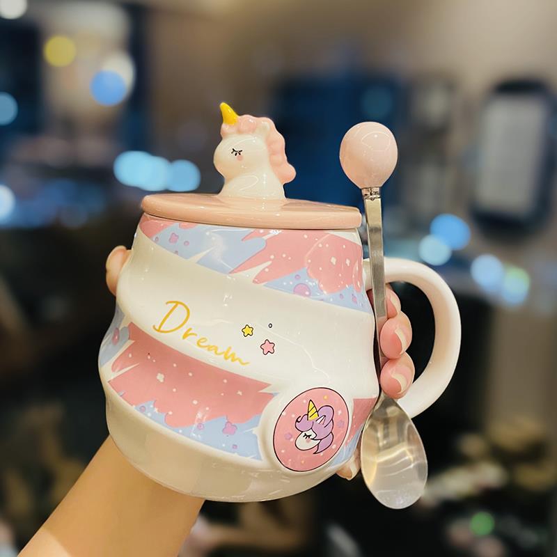 可爱彩虹独角兽陶瓷螺纹马克杯带盖子勺少女心喝水杯子办公室咖啡
