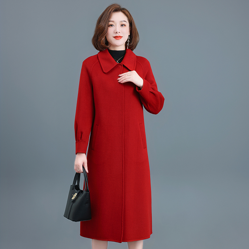 妈妈双面羊毛大衣女中长款40岁50中老年高档红色纯羊毛呢冬装外套