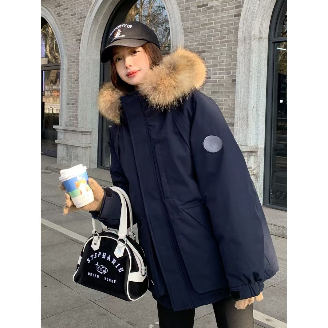 学院风藏蓝色工装羽绒服派克服女短款小个子毛领冬季外套男女12