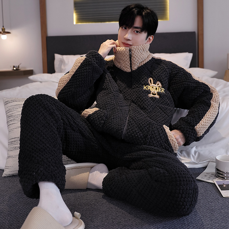 三层夹棉袄睡衣男士秋冬季玫瑰绒加绒加厚保暖立领拉链冬天家居服