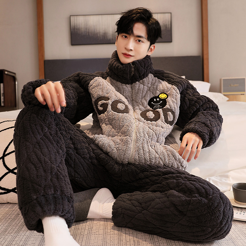 冬季新款男士加厚加绒三层夹棉睡衣开衫休闲珊瑚绒外穿家居服套装