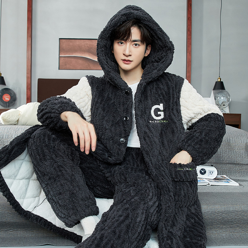 冬季男士睡袍新款休闲简约男珊瑚绒三层夹棉睡衣法兰绒冬天家居服