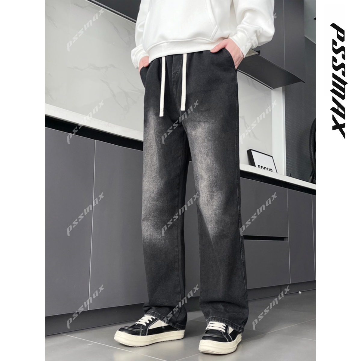 【现货】PSSMAX 胖俗俗【赛道黑牛渐变】2025秋冬高街百搭直筒牛仔裤