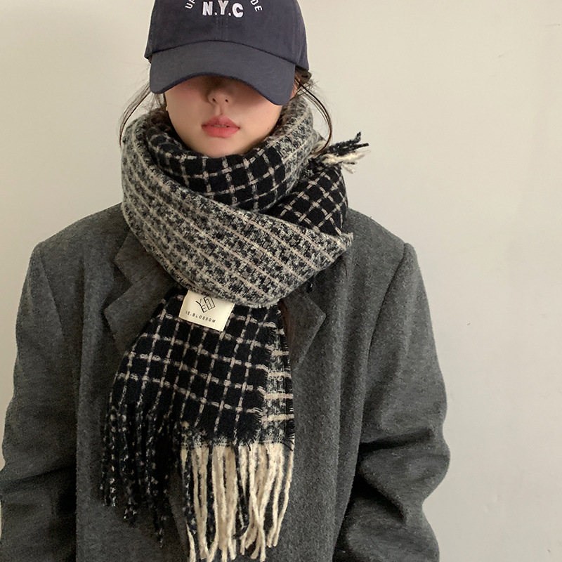 小香风秋冬季流苏韩版百搭双面格子加厚保暖围脖仿羊绒女披肩两用