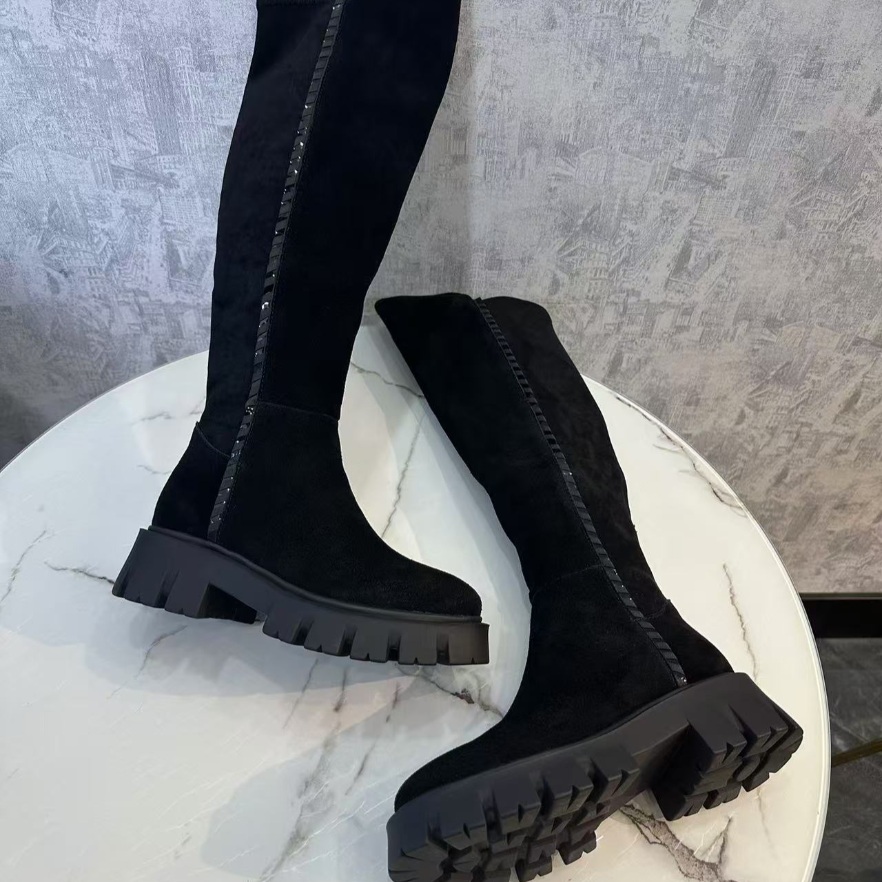 AKTUGA 2301-19厚底高筒靴黑色靴女时尚百搭加绒长靴过膝粗跟骑士