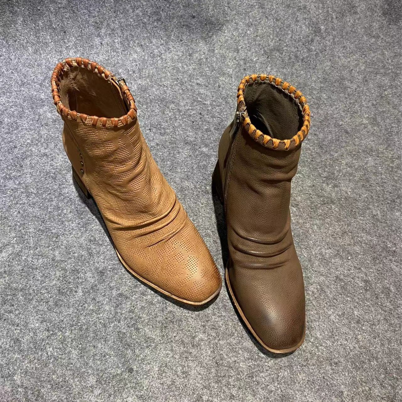 AKTUGA新款春秋季女短靴复古尖头切尔西真皮时尚牛皮粗跟鞋TD25-1