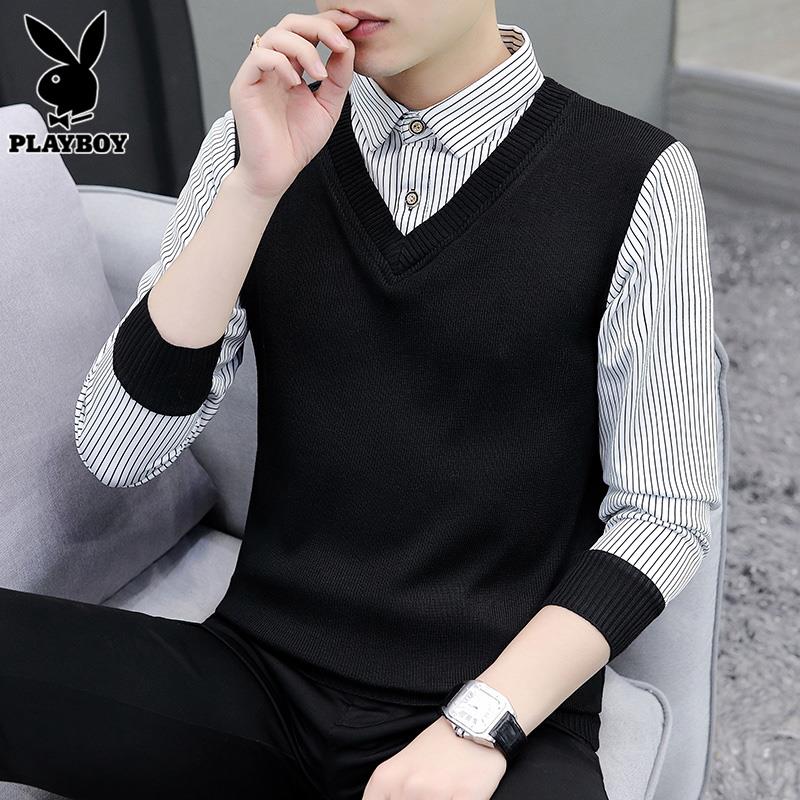 PLAYBOY假两件毛衣男士内搭毛衣服秋冬季加绒新款针织衫上衣服男
