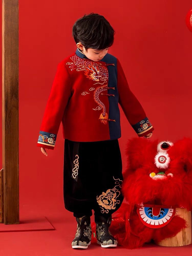 汉服拜年服男童冬季儿童过年服唐装男宝宝国风龙年新年古装加绒款