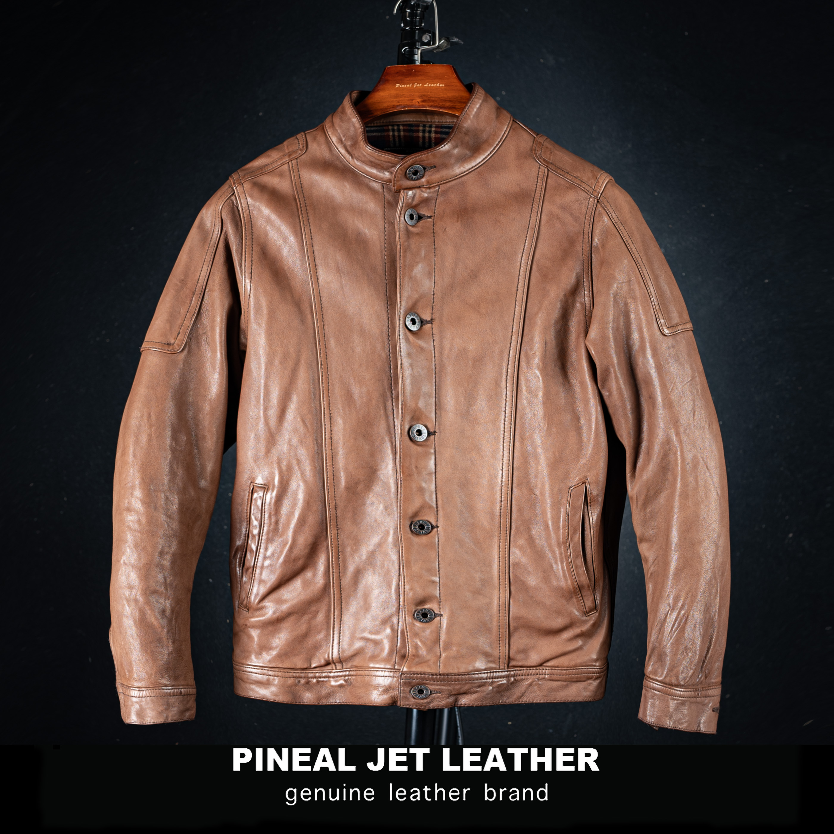 PJL新款羊皮重水洗复古风格立领百搭重磅经典立领牛仔机车夹克