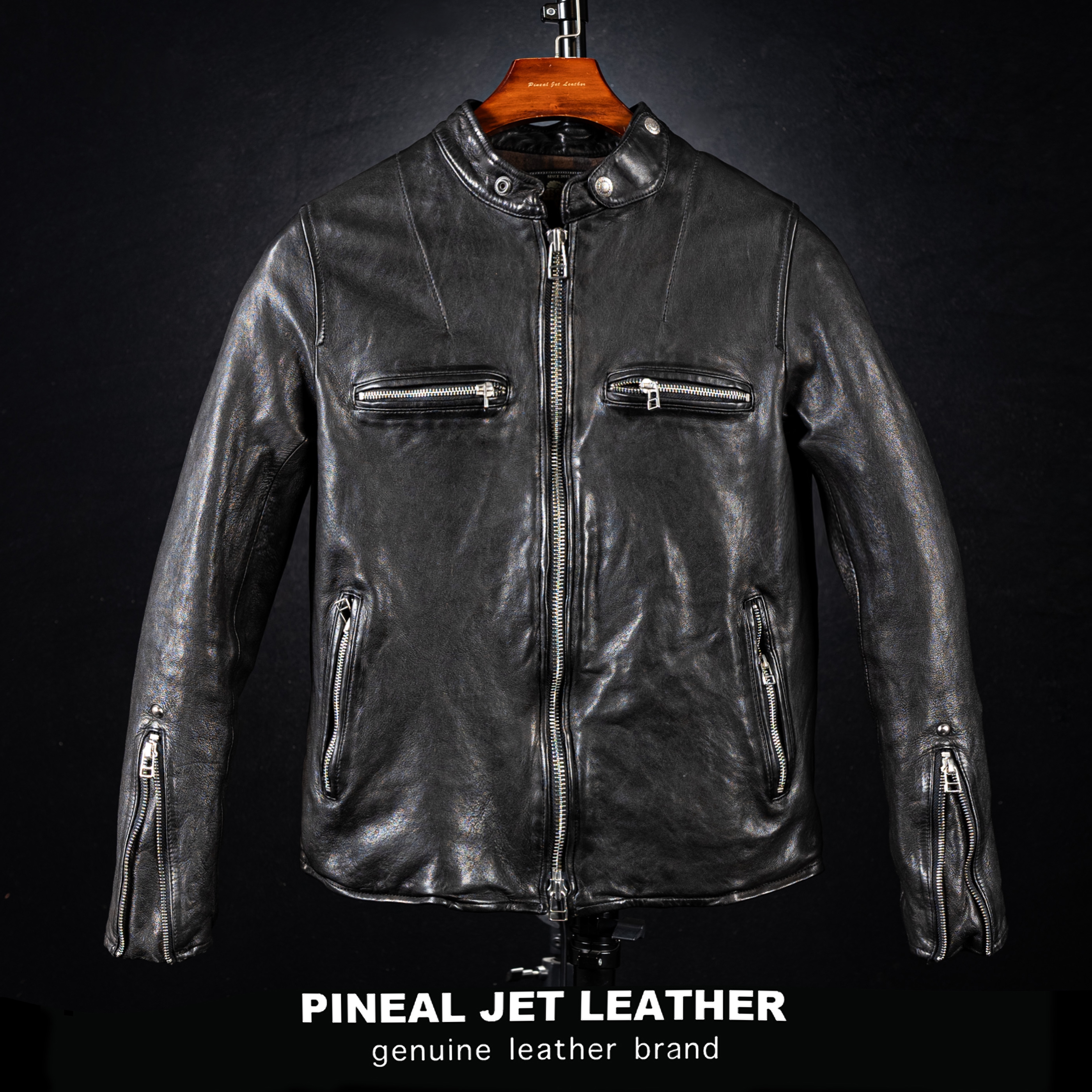 PJL新款男士立领休闲时尚经典复古机车J100羊皮皮夹克