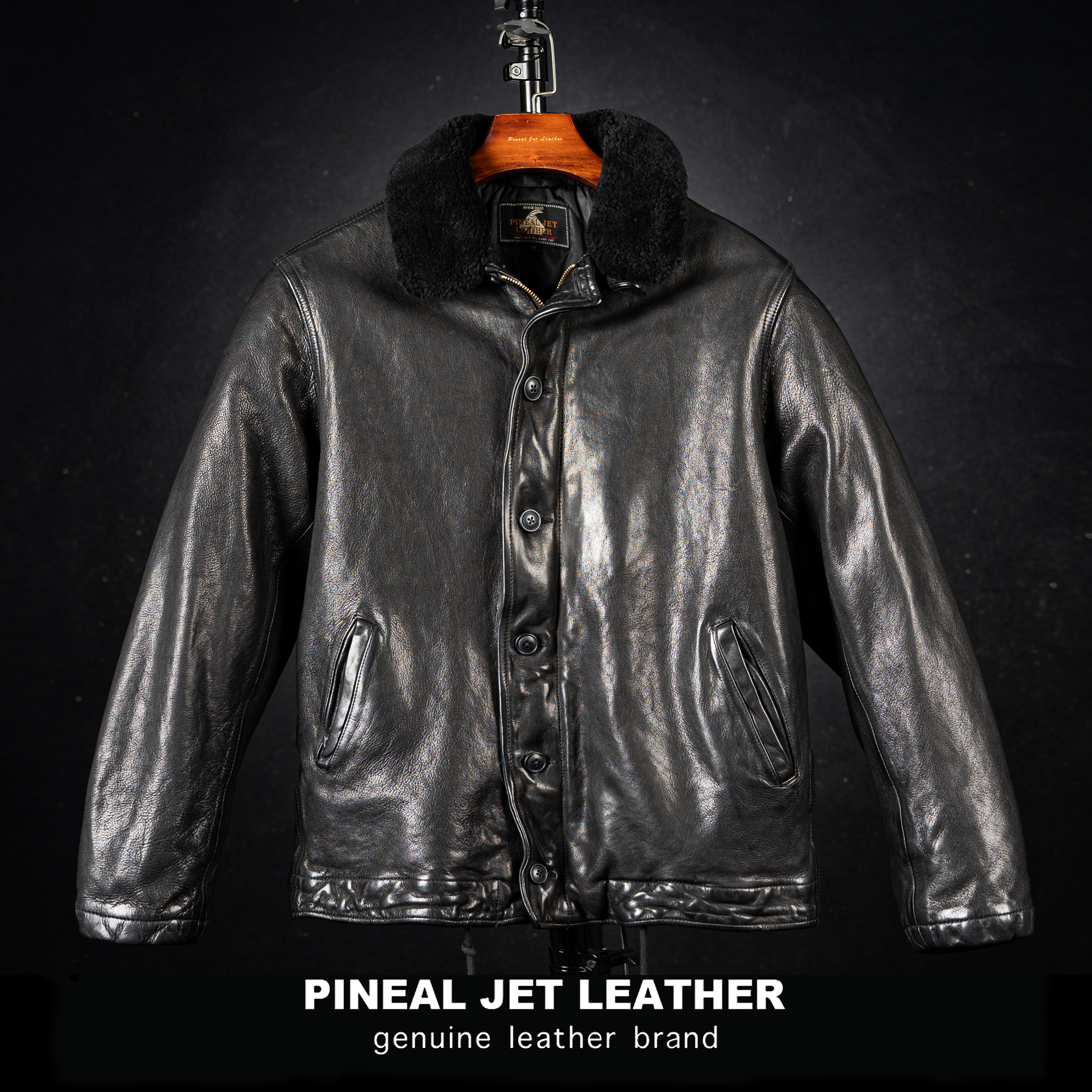 PJL新款男士复古阔版山羊皮夹棉毛领皮衣阿美咔叽甲板服N1