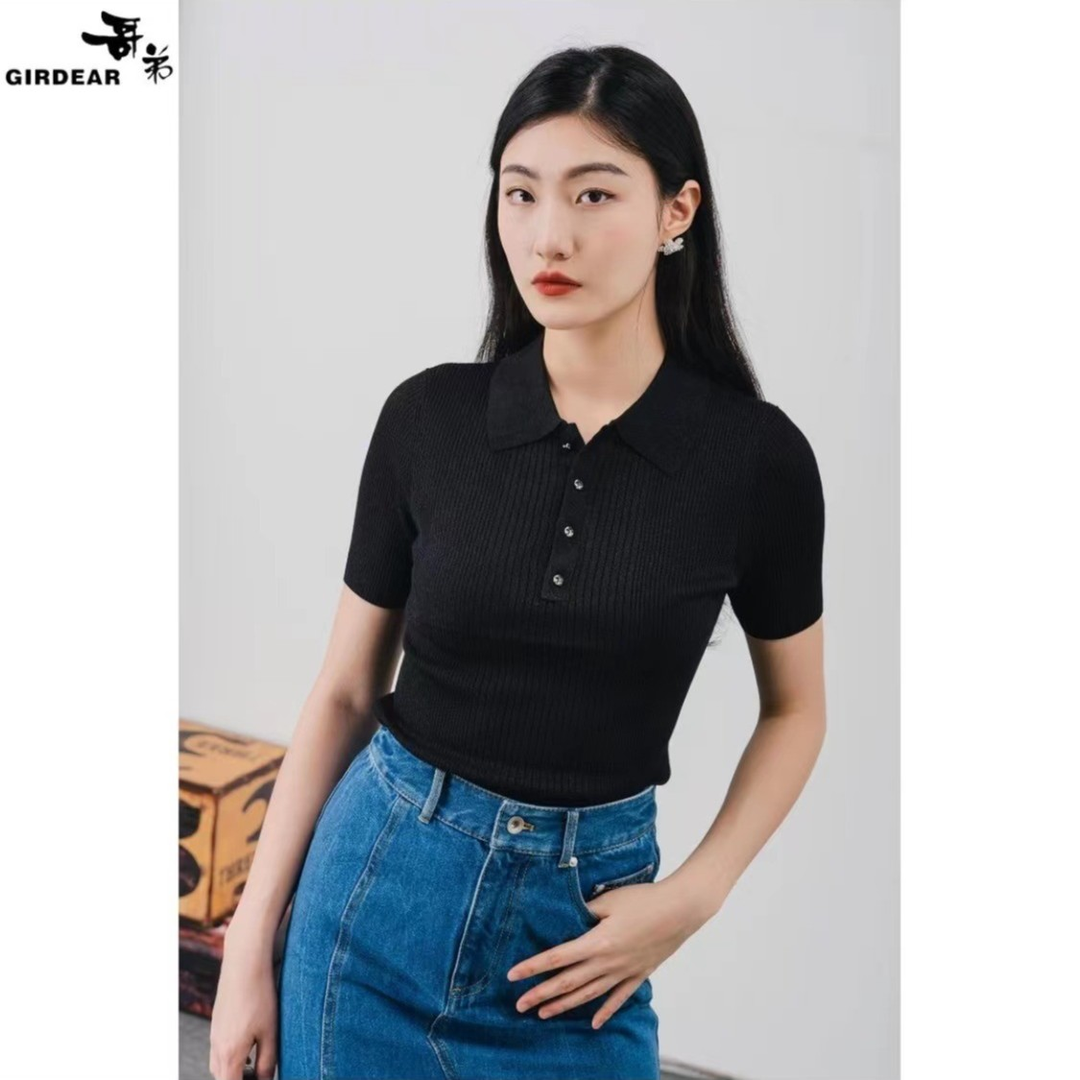 哥弟气质针织夏季翻领设计感静谧蓝修身显瘦通勤百搭T恤1399606