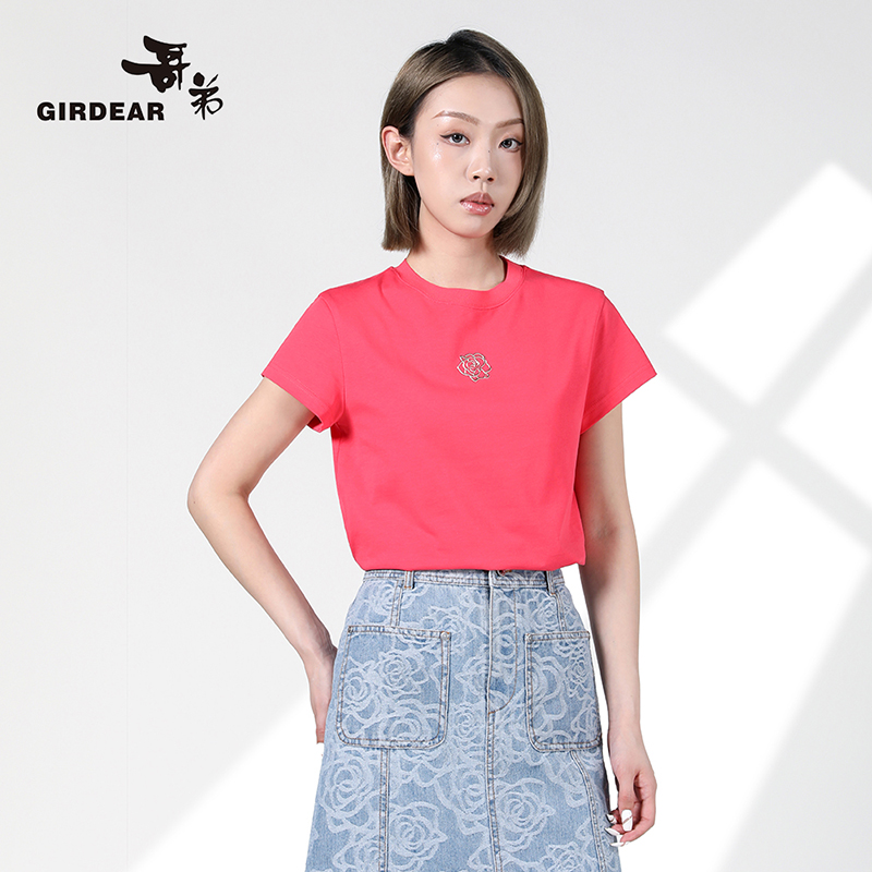 GIRDEAR哥弟 绽放系列玫瑰印花纯棉上衣短款薄款短袖T恤女1300996