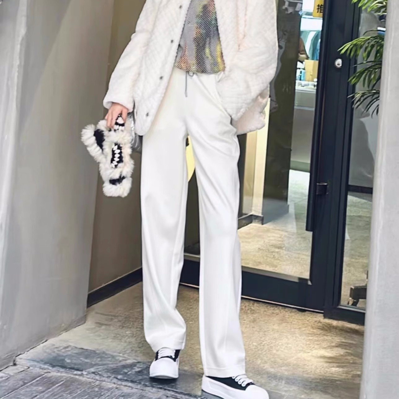 商场同款2025秋冬新款松紧腰加绒香蕉裤直筒休闲长裤垂感5100519
