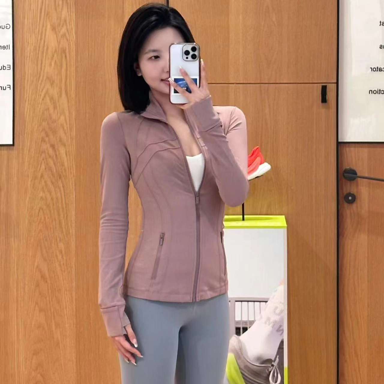 高板LL双面磨毛收腰显腰线运动修身户外健身立领连帽外套双面弹