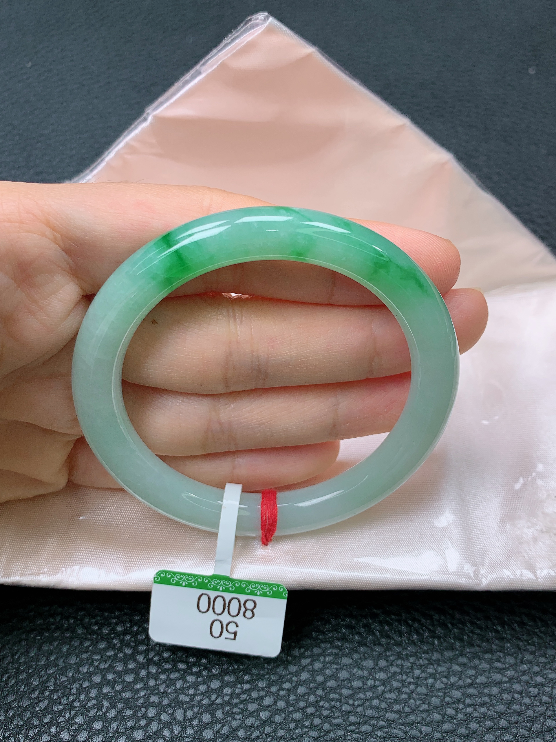 女士50圆条天然缅甸A货糯冰飘阳绿翡翠手镯