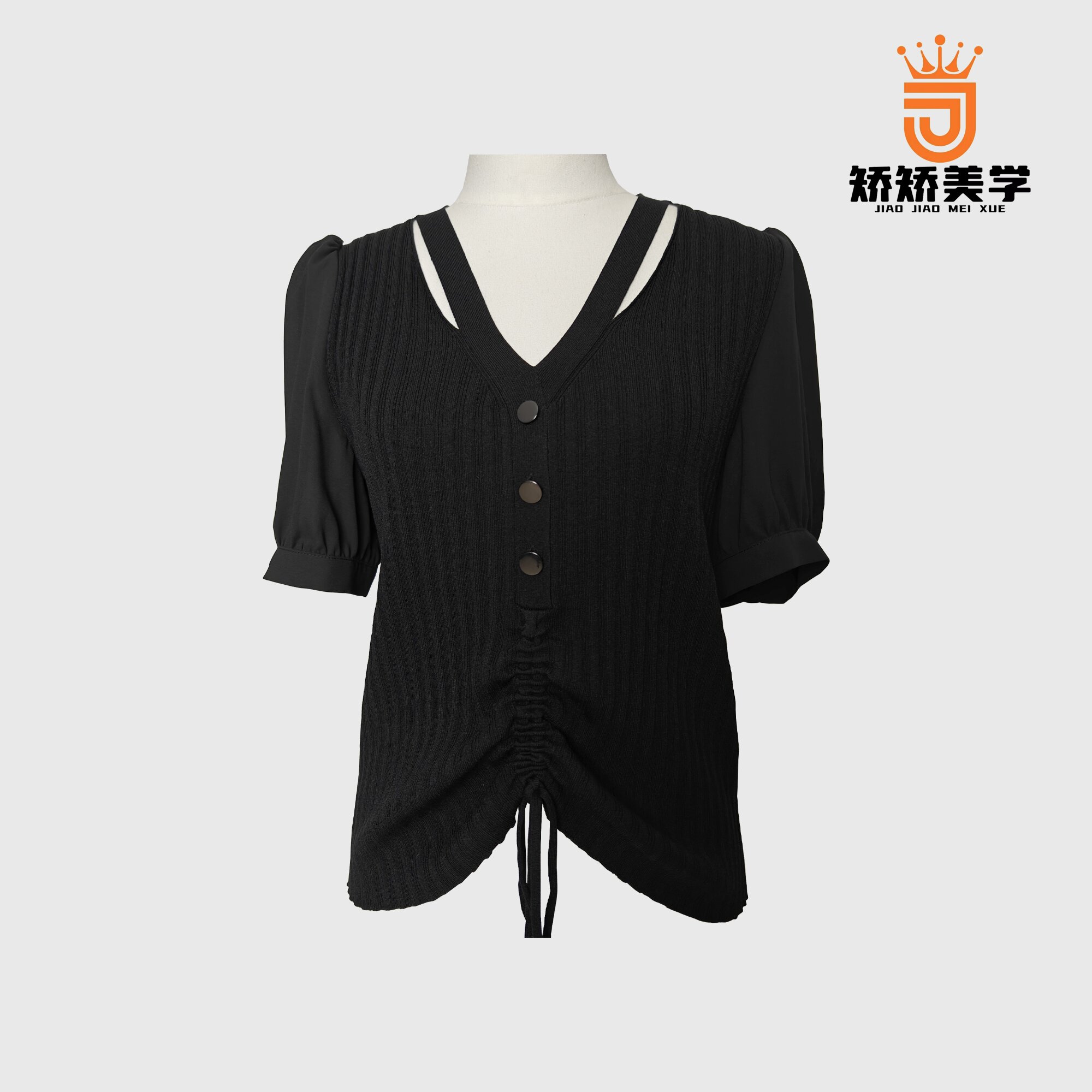 【梨云梦远】矫矫新款时尚气质黑色针织衫夏季女士针织上衣S191077C