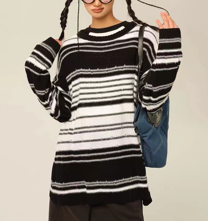 撞色条纹针织衫薄款慵懒风套头长袖男女打底毛衣百搭欧若风8172