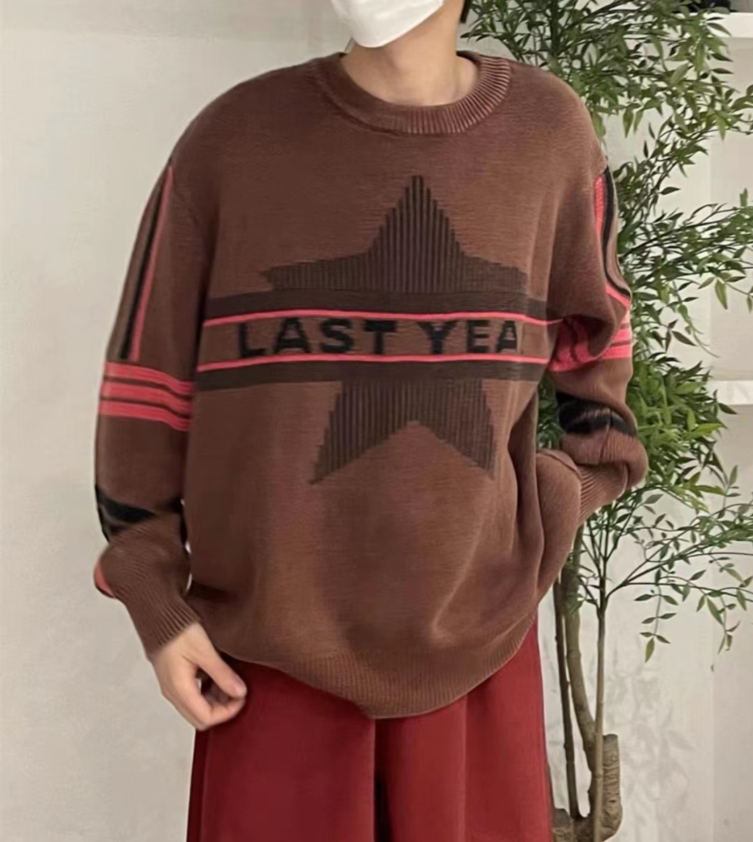 水洗做旧工艺圆领毛衣男女美式长袖秋冬宽松慵懒针织百搭潮7962