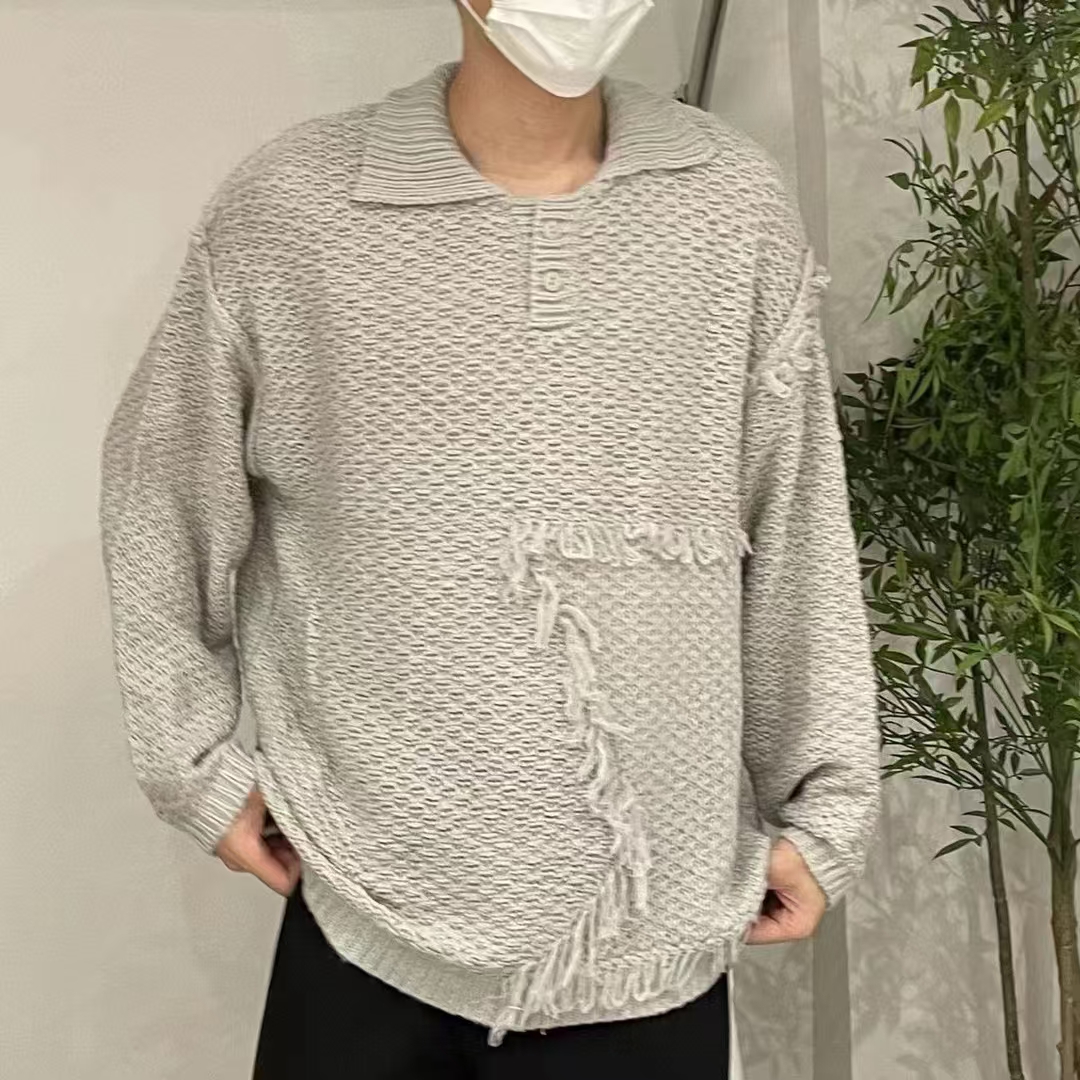 韩风简约纯色小众设计流苏高级感翻领针织衫/毛衣宽松百搭81005