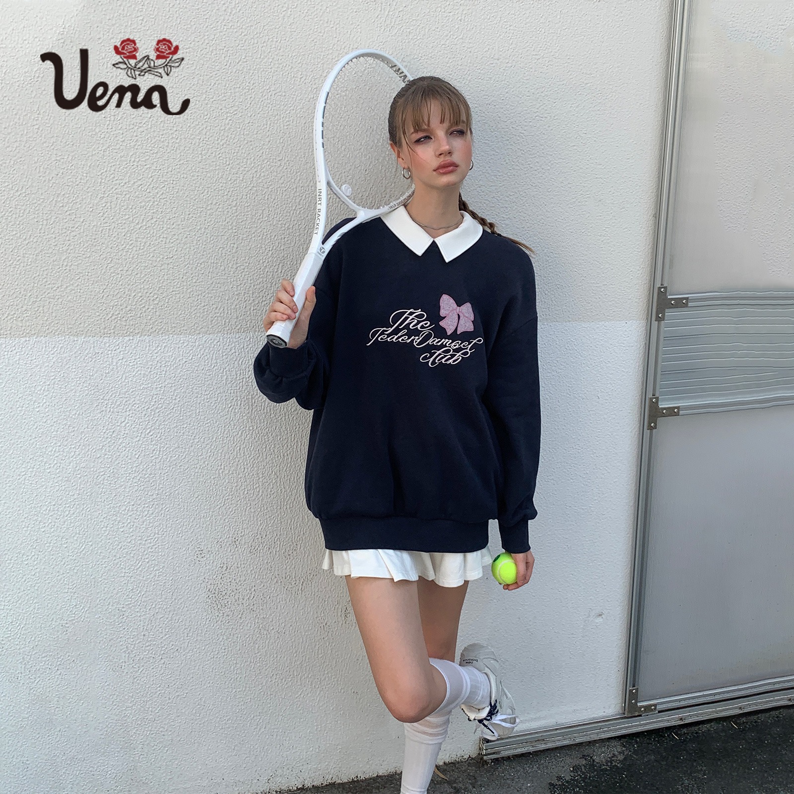 【铃兰蝶梦】Uena美式复古藏青色撞色蝴蝶结字母刺绣宽松加绒卫衣