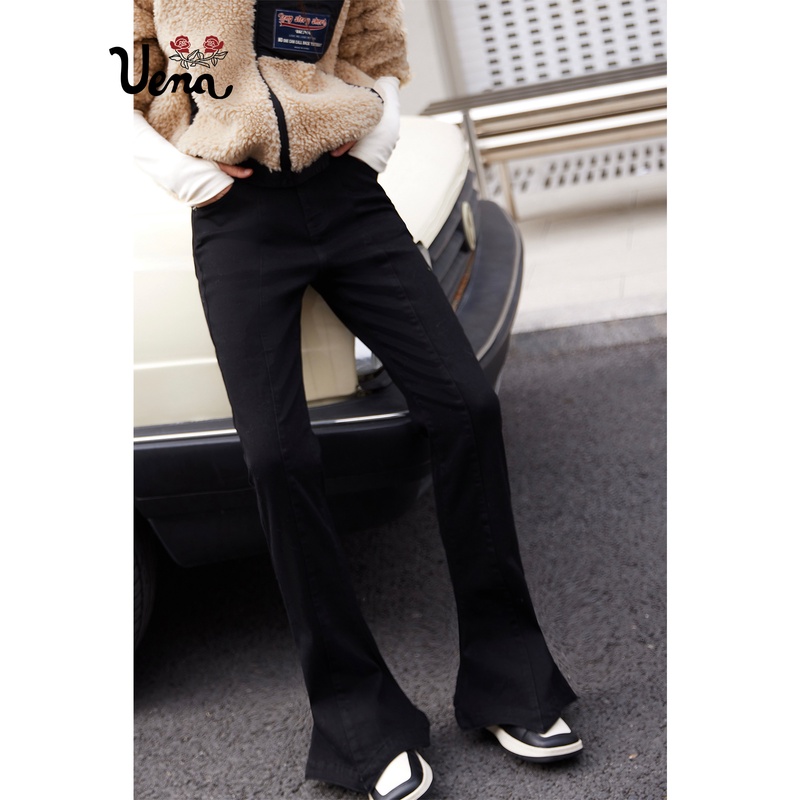 【微醺野格】Uena黑色高腰显瘦摩登牛仔裤秋冬美式微喇鸭掌裤子女
